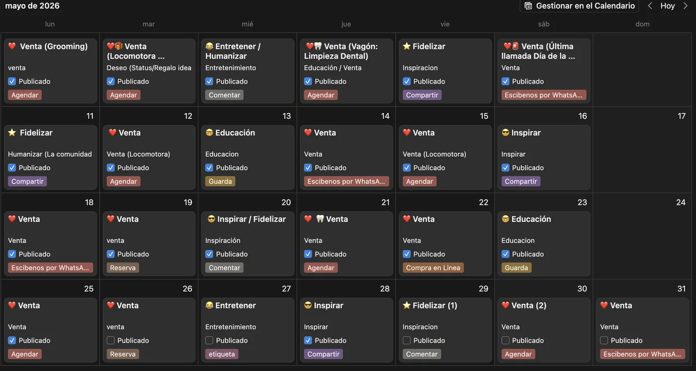 Ejemplo de calendario de contenido elaborado por Ecrece
